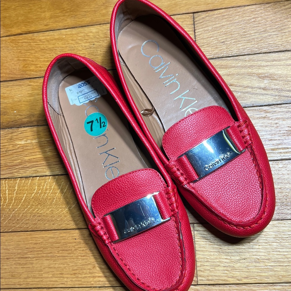 Calvin Klein Lillia Red Loafers with Metal  Detail buckle